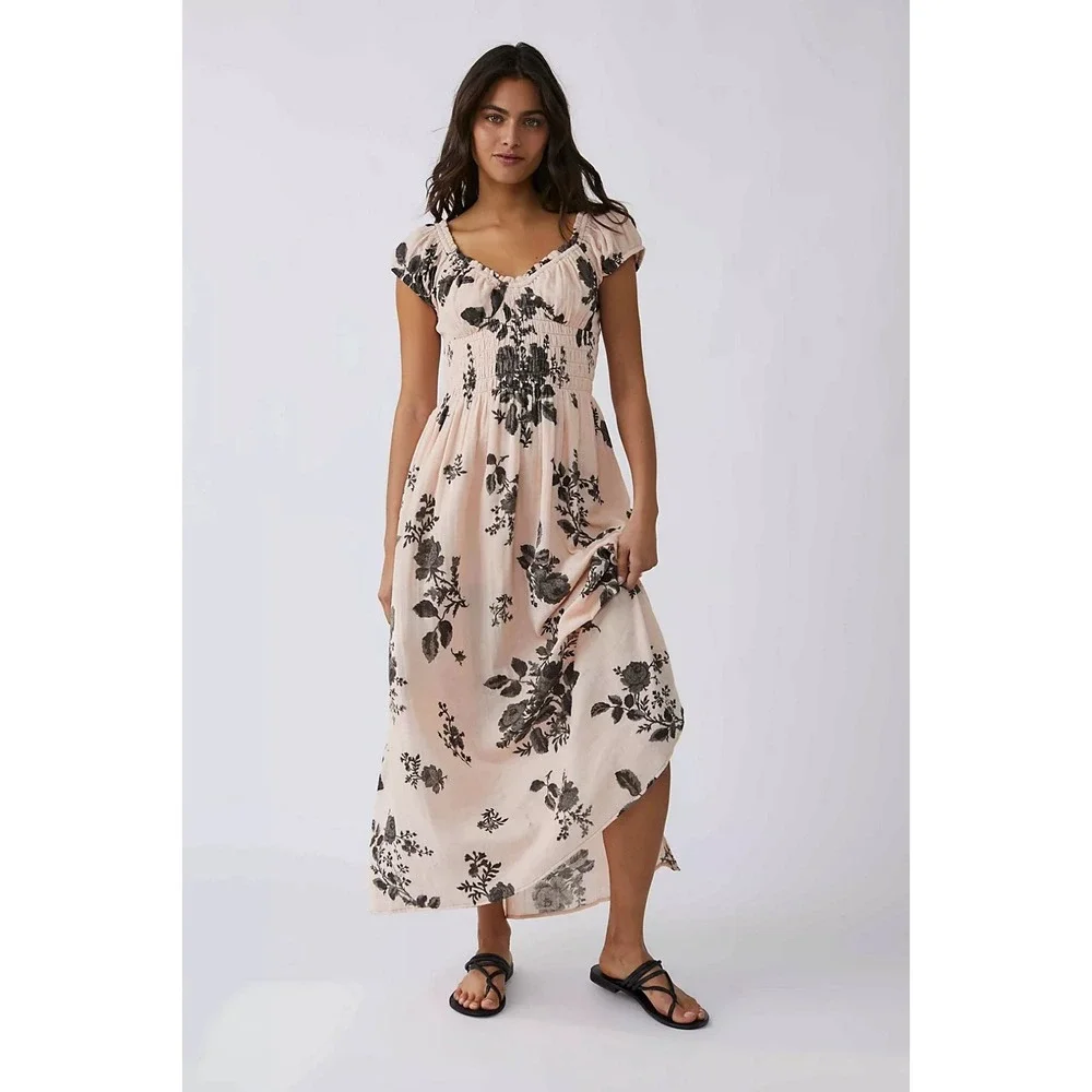 Free People Light Pink‎ Black Floral Coquette Forget Me Not Maxi Dress Size M